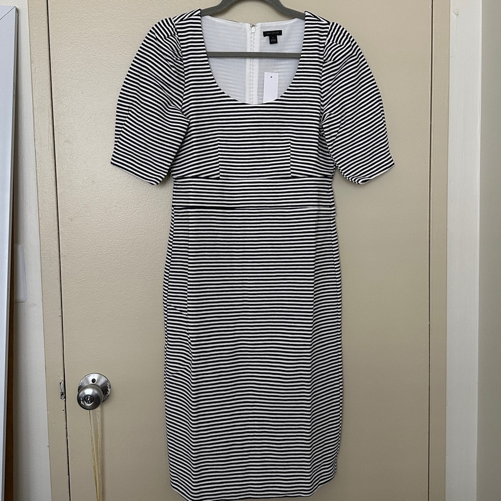 Ann Taylor Black and White Striped Midi Dress